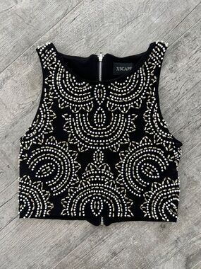 Xscape Party Black Crop Top with White and Gold Beadwork, Zipper back Sz 4